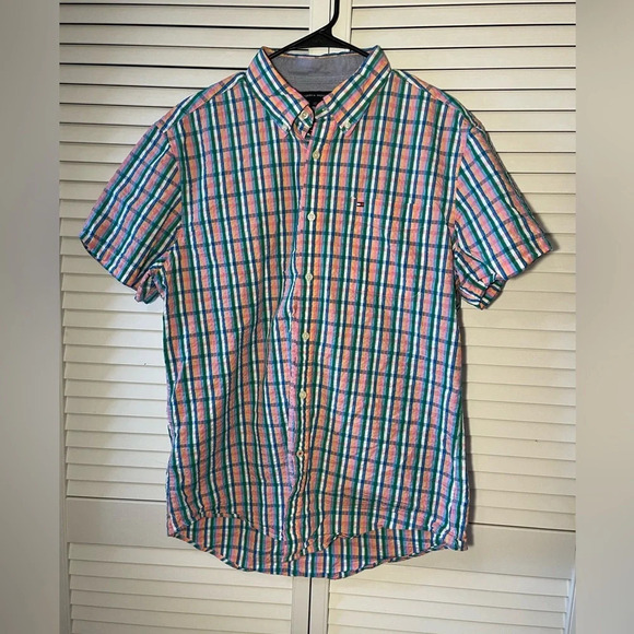 Tommy Hilfiger Short Sleeve Button Down Seersucker Colorful Shirt Size Large EUC - Picture 6 of 13